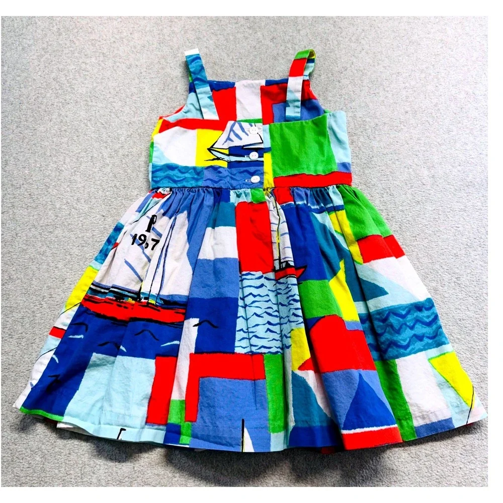 Ralph Lauren Sailboat Dress Kids 24M Multicolor Abstract Nautical Cotton PRL67